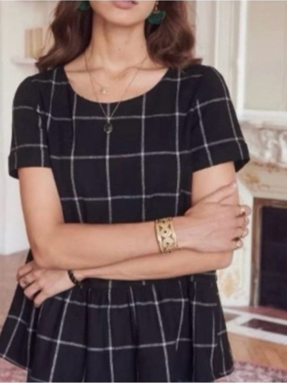 Sezane Black Windowpane Peplum Short Sleeve Top with button back